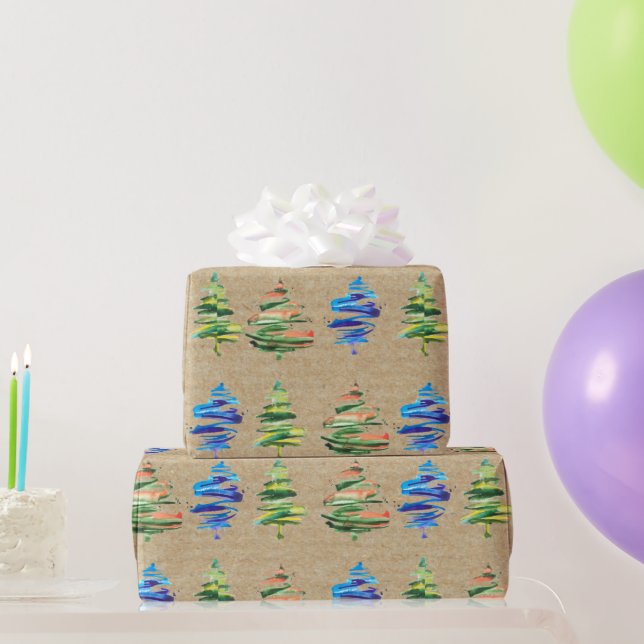 Kraft Colorful Watercolor Abstract Christmas Tree  Wrapping Paper (Party Gifts)