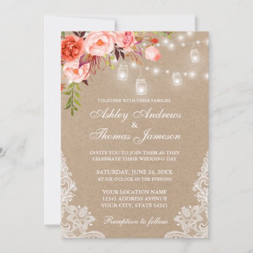 Kraft Coral Floral Jar Lights Lace Wedding Invite