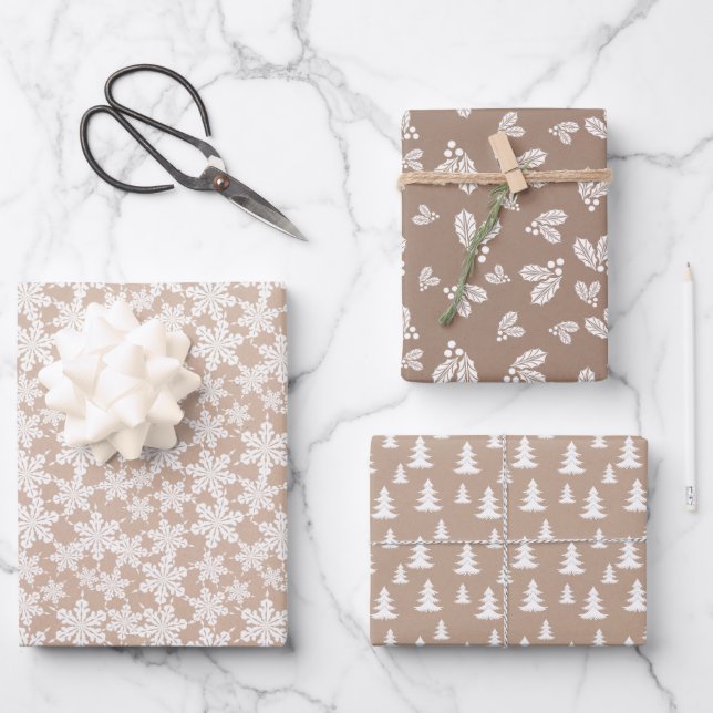 Kraft Country Christmas Designs White Wrapping Paper Sheets (Front)