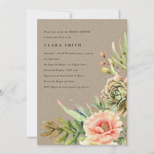 KRAFT DESERT SUCCULENT CACTI FOLIAGE BRIDAL SHOWER INVITATION (Front)