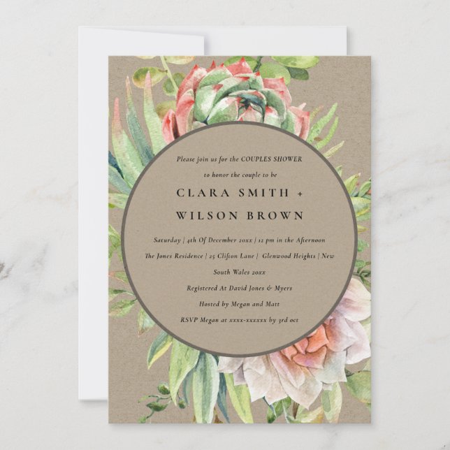 KRAFT DESERT SUCCULENT CACTI FOLIAGE COUPLE SHOWER INVITATION (Front)