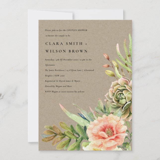 KRAFT DESERT SUCCULENT CACTI FOLIAGE COUPLE SHOWER INVITATION (Front)