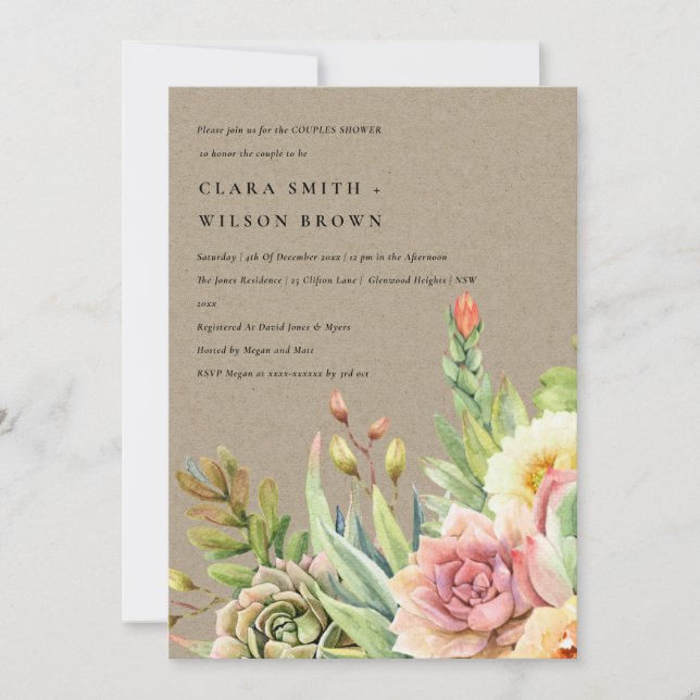 KRAFT DESERT SUCCULENT CACTI FOLIAGE COUPLE SHOWER INVITATION (Front)