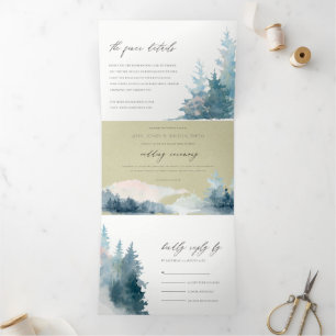 KRAFT DUSKY BLUE MOUNTAINS PINE WATERCOLOR WEDDING Tri-Fold INVITATION