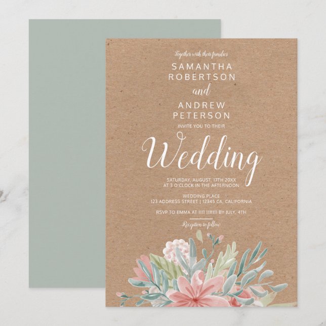 Kraft Dusty pink green floral watercolor wedding Invitation (Front/Back)
