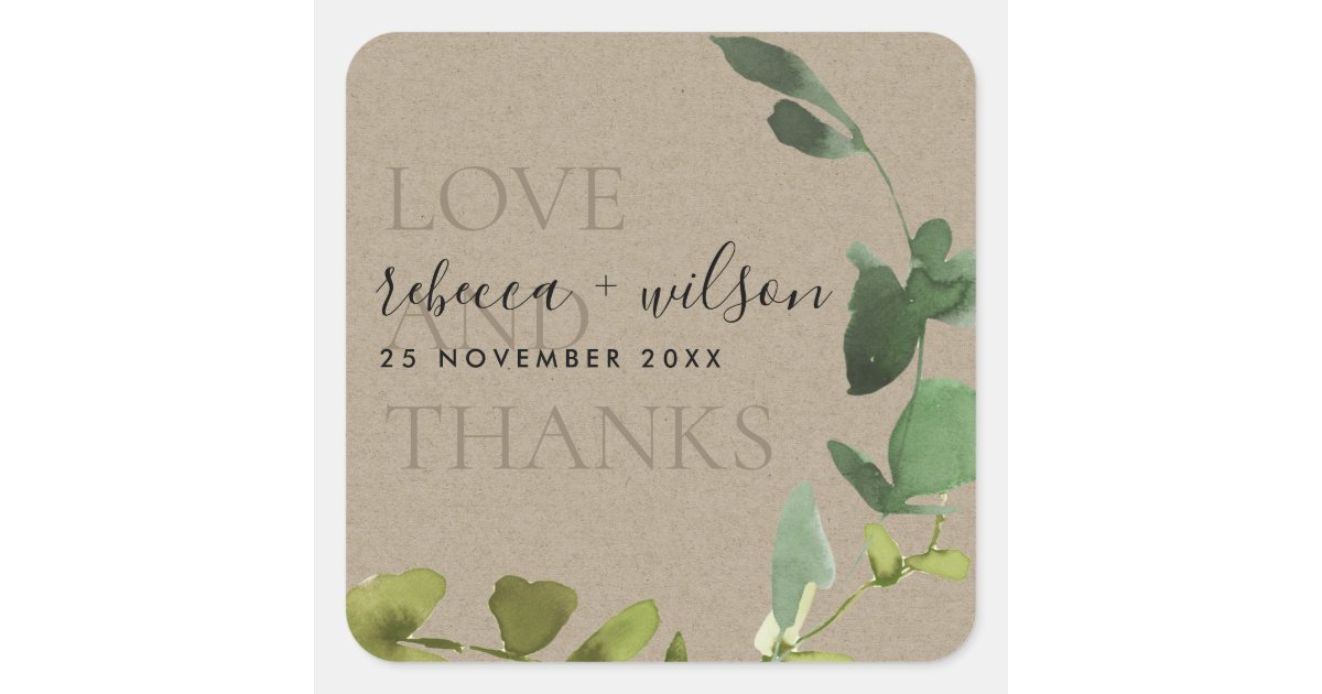 KRAFT EUCALYPTUS WATERCOLOR LOVE & THANKS WEDDING SQUARE STICKER | Zazzle