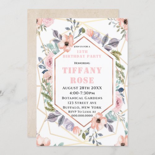 Kraft Floral 13th Birthday Party Invites 