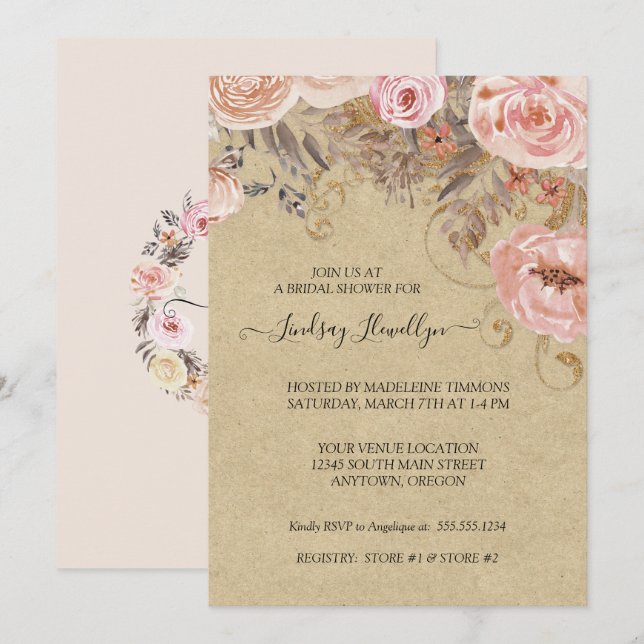 Kraft Floral Boho Peach Rose Gold Bridal Shower Invitation (Front/Back)