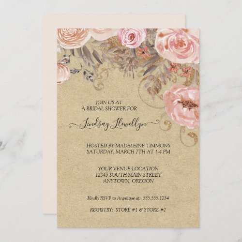 Kraft Floral Boho Peach Rose Gold Bridal Shower Invitation