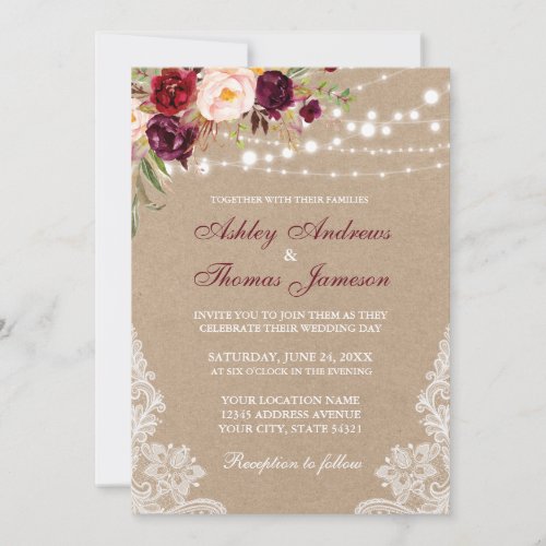 Kraft Floral Burgundy Lights Lace Wedding Invite