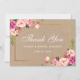 Kraft Floral Pink Blush Gold Wedding Thanks Card