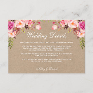 Kraft Floral Pink Wedding Details Insert Card