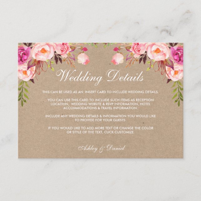 Kraft Floral Pink Wedding Details Insert Card (Front)