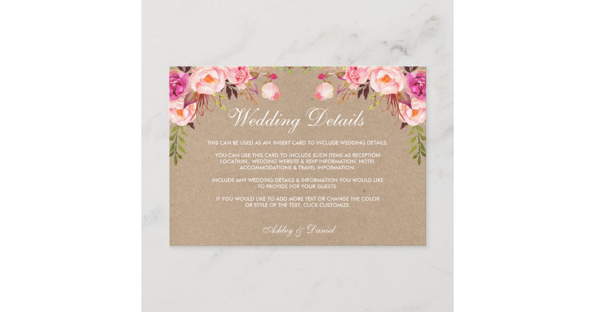 Kraft Floral Pink Wedding Details Insert Card | Zazzle
