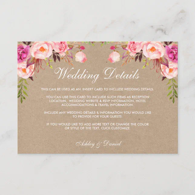 Kraft Floral Pink Wedding Details Insert Card | Zazzle