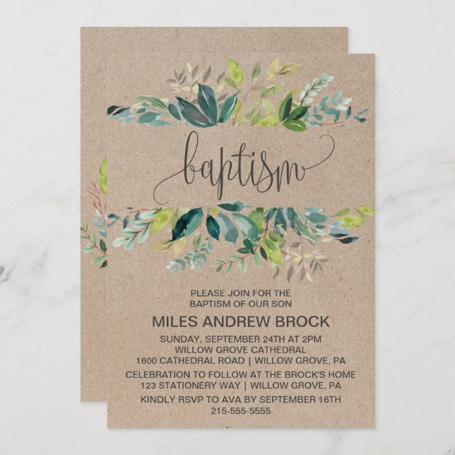 Kraft Foliage Baptism Invitation (Front/Back)