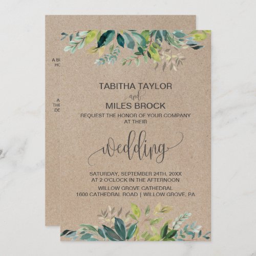 Kraft Foliage  Monogram  Details Backing Wedding Invitation