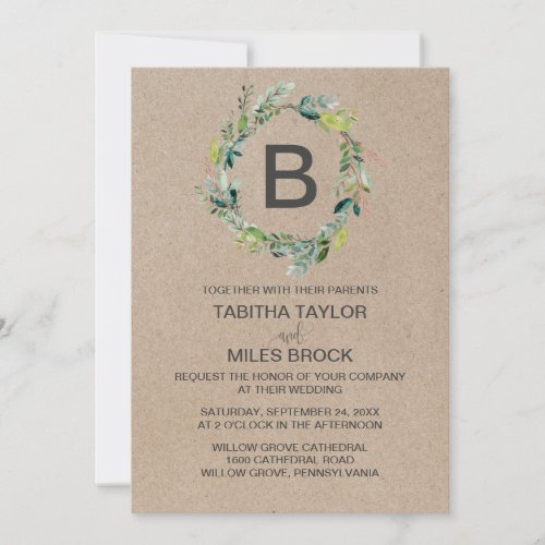 Kraft Foliage Monogram Wreath Wedding Invitation