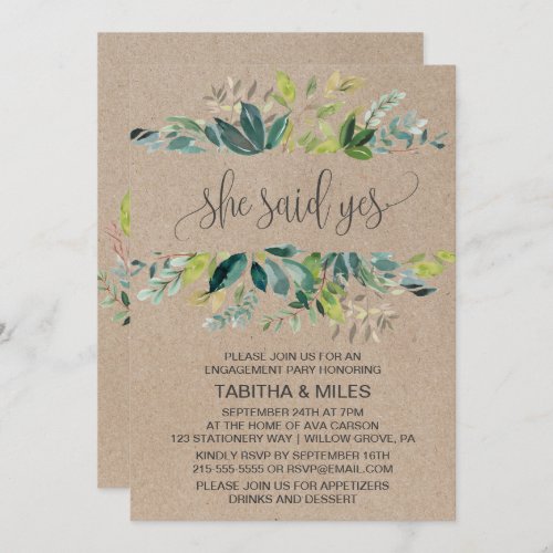 Kraft Foliage She Said Yes Engagement Party Invitation