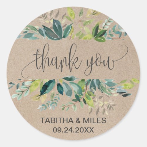 Kraft Foliage Thank You Wedding Favor Classic Round Sticker