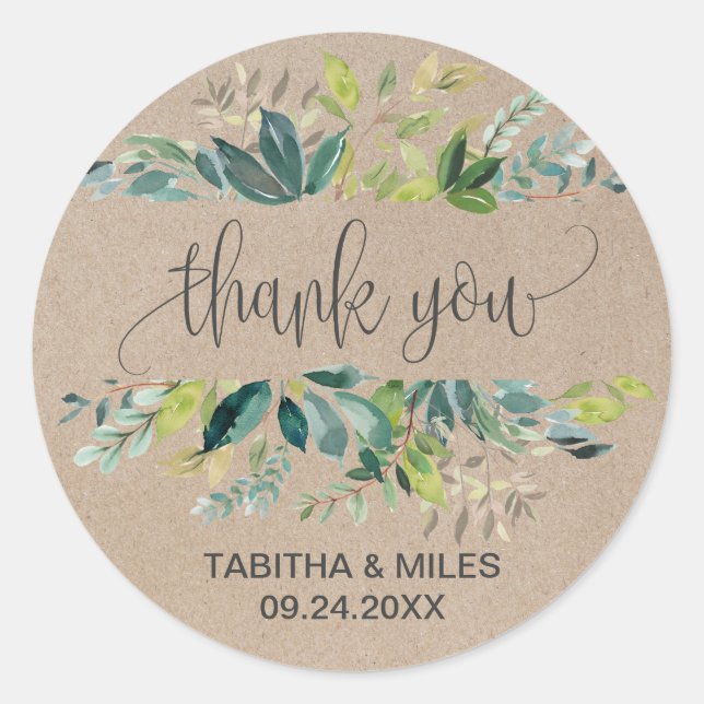 Kraft Foliage Thank You Wedding Favor Classic Round Sticker (Front)