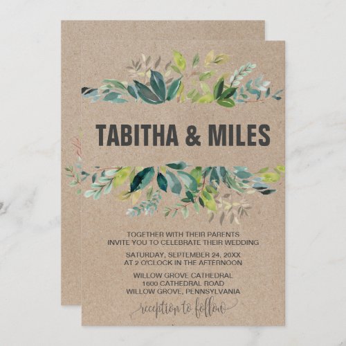 Kraft Foliage with Monogram Wreath Backing Wedding Invitation