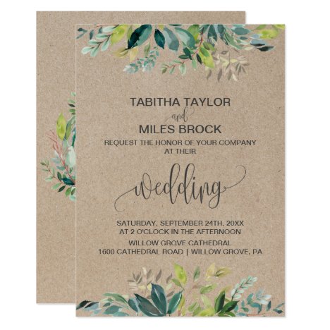 Kraft Foliage with Monogram Wreath Backing Wedding Invitation