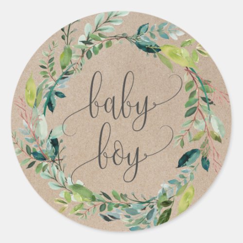 Kraft Foliage Wreath Baby Boy Shower Favor Classic Round Sticker