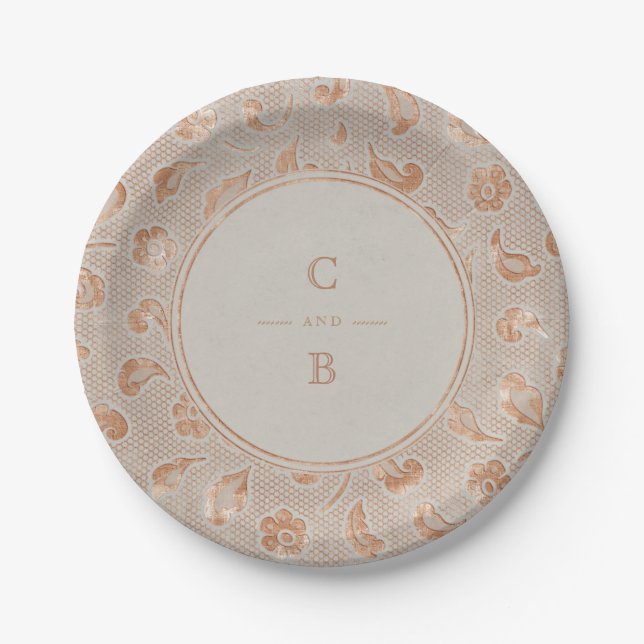 Kraft gold Lace rustic country wedding monogram Paper Plates (Front)