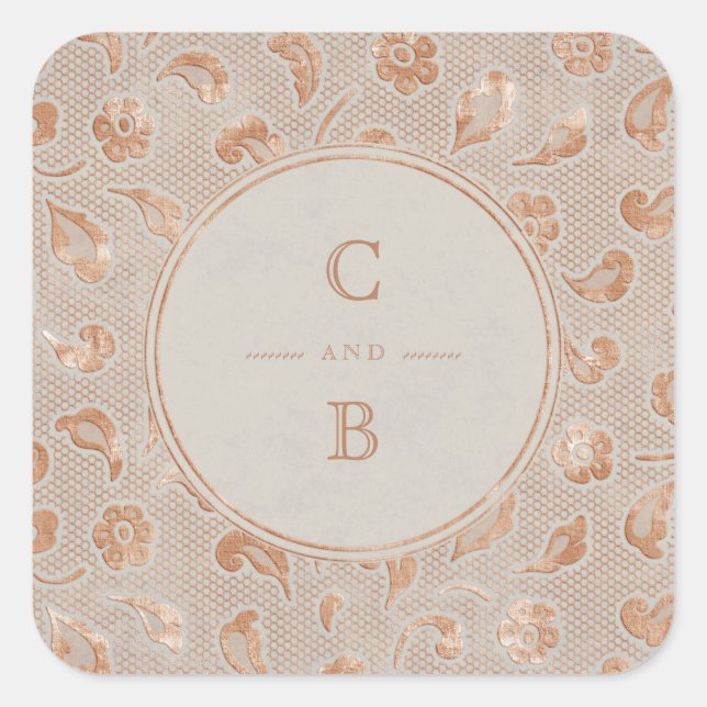 Kraft gold Lace rustic country wedding monogram Square Sticker (Front)