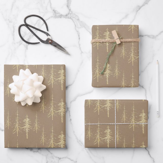Kraft Gold Woodland Scraggly Sparse Spruce Trees Wrapping Paper Sheets (Front)