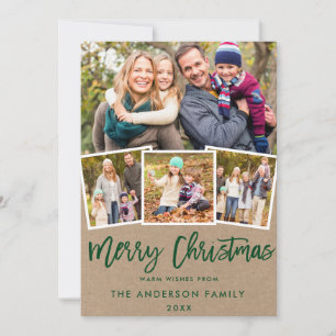 Kraft Green Brush Script 4 Photo Christmas Holiday Card