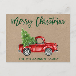 Kraft Green Brush Script Vintage Truck Christmas Postcard