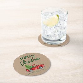 Kraft Green Brush Script Vintage Truck Christmas Round Paper Coaster