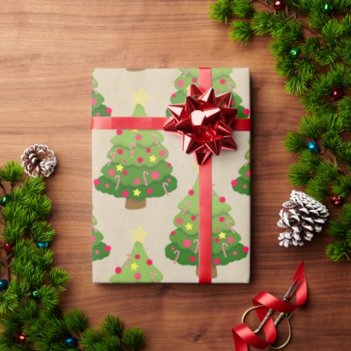 Kraft Green Christmas Trees Yellow Star Pattern Wrapping Paper