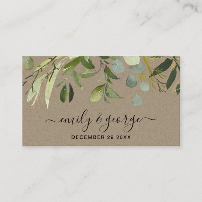 KRAFT GREEN FOLIAGE WATERCOLOR WEDDING WEBSITE BUSINESS CARD (Front)