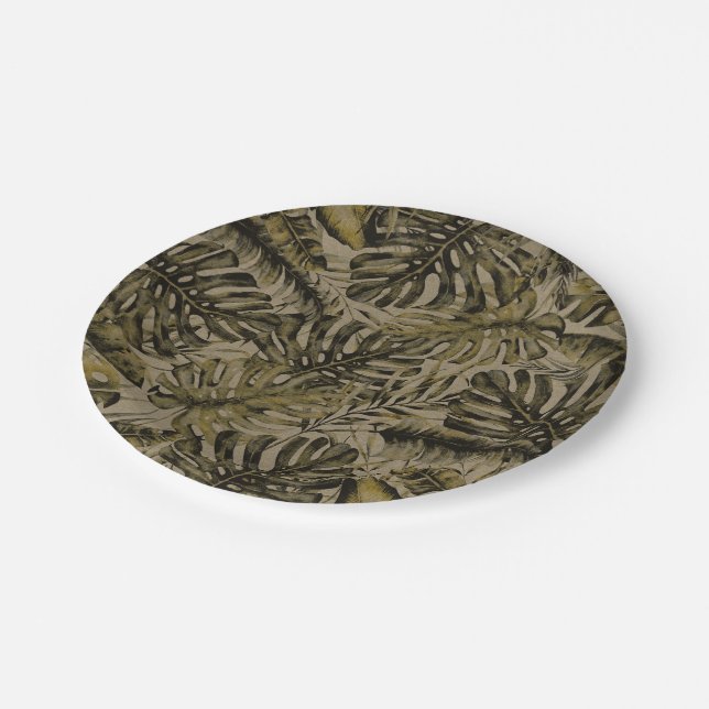 Kraft Green Tropical Palm Leaves Chic Wedding Paper Plates (Angled)