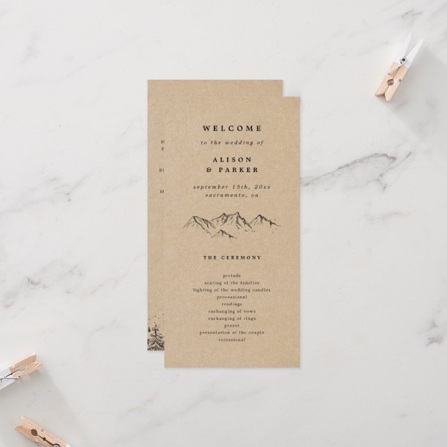Kraft Hand-drawn Mountains Pines Wedding Program (Front/Back In Situ)