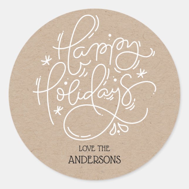 Kraft Happy Holidays Handwritten Script Envelope Classic Round Sticker (Front)