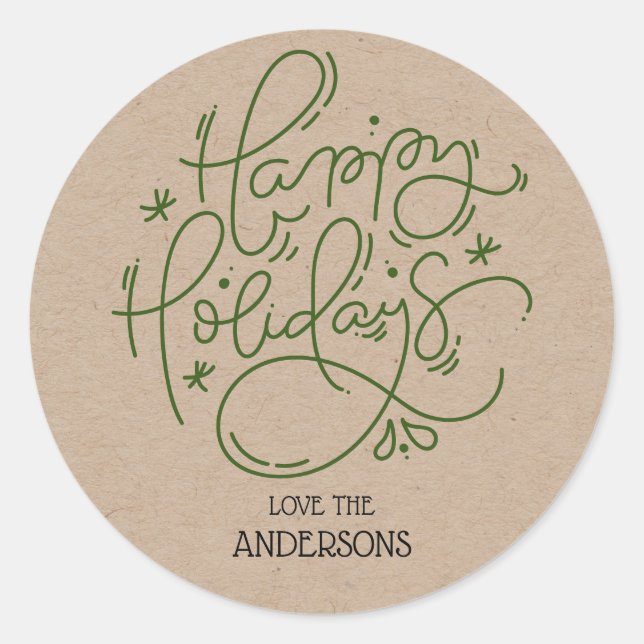 Kraft Happy Holidays Handwritten Script Envelope Classic Round Sticker (Front)