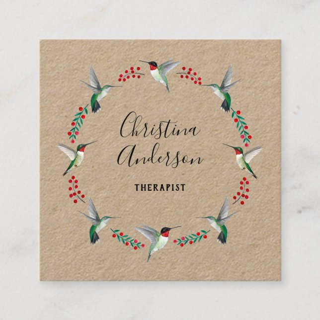 Kraft Hummingbird Wreath Square Business Card (Front)