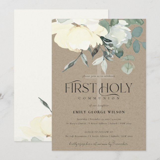 KRAFT IVORY WHITE AQUA FLORAL FIRST HOLY COMMUNION INVITATION (Front/Back)