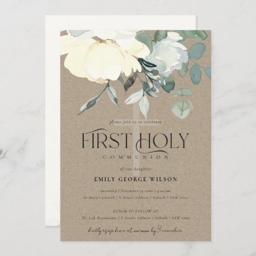 KRAFT IVORY WHITE AQUA FLORAL FIRST HOLY COMMUNION INVITATION