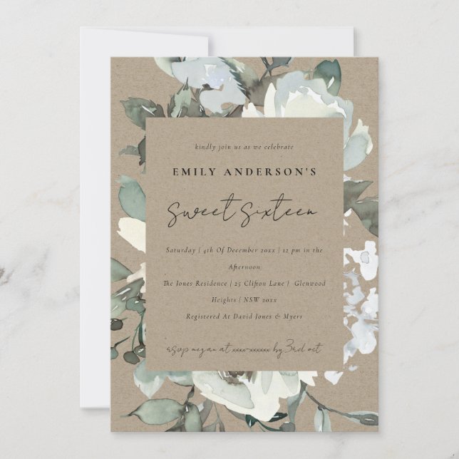 KRAFT IVORY WHITE FLORAL BUNCH SWEET 16 BIRTHDAY INVITATION (Front)