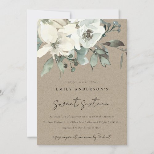 KRAFT IVORY WHITE FLORAL BUNCH SWEET 16 BIRTHDAY INVITATION