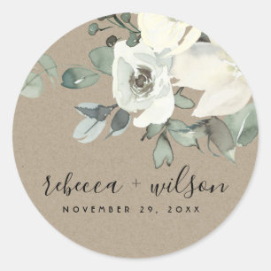 KRAFT IVORY WHITE FLORAL WATERCOLOR BUNCH WEDDING CLASSIC ROUND STICKER