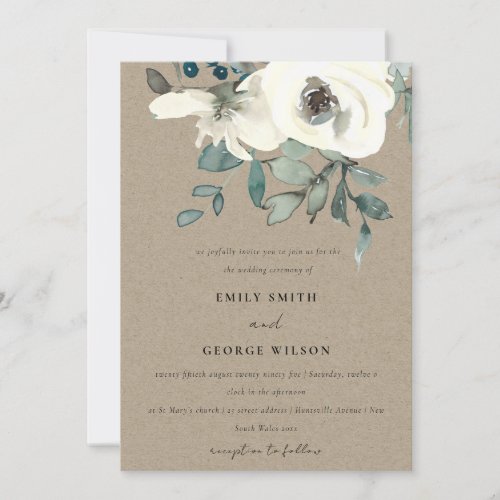 KRAFT IVORY WHITE FLORAL WATERCOLOR BUNCH WEDDING INVITATION