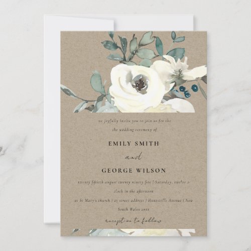 KRAFT IVORY WHITE FLORAL WATERCOLOR BUNCH WEDDING INVITATION