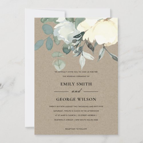 KRAFT IVORY WHITE FLORAL WATERCOLOR BUNCH WEDDING INVITATION