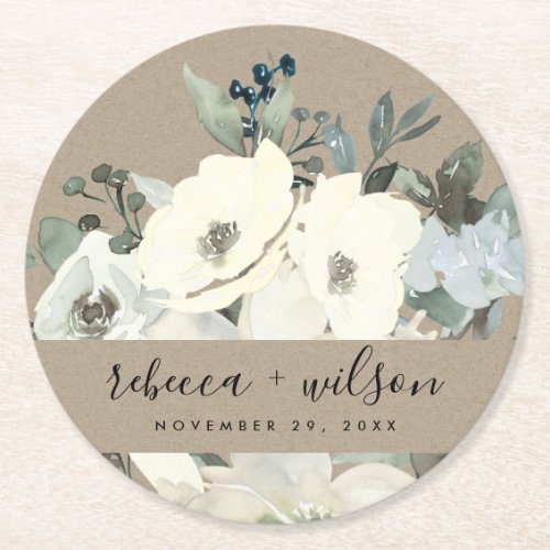 KRAFT IVORY WHITE FLORAL WATERCOLOR BUNCH WEDDING ROUND PAPER COASTER